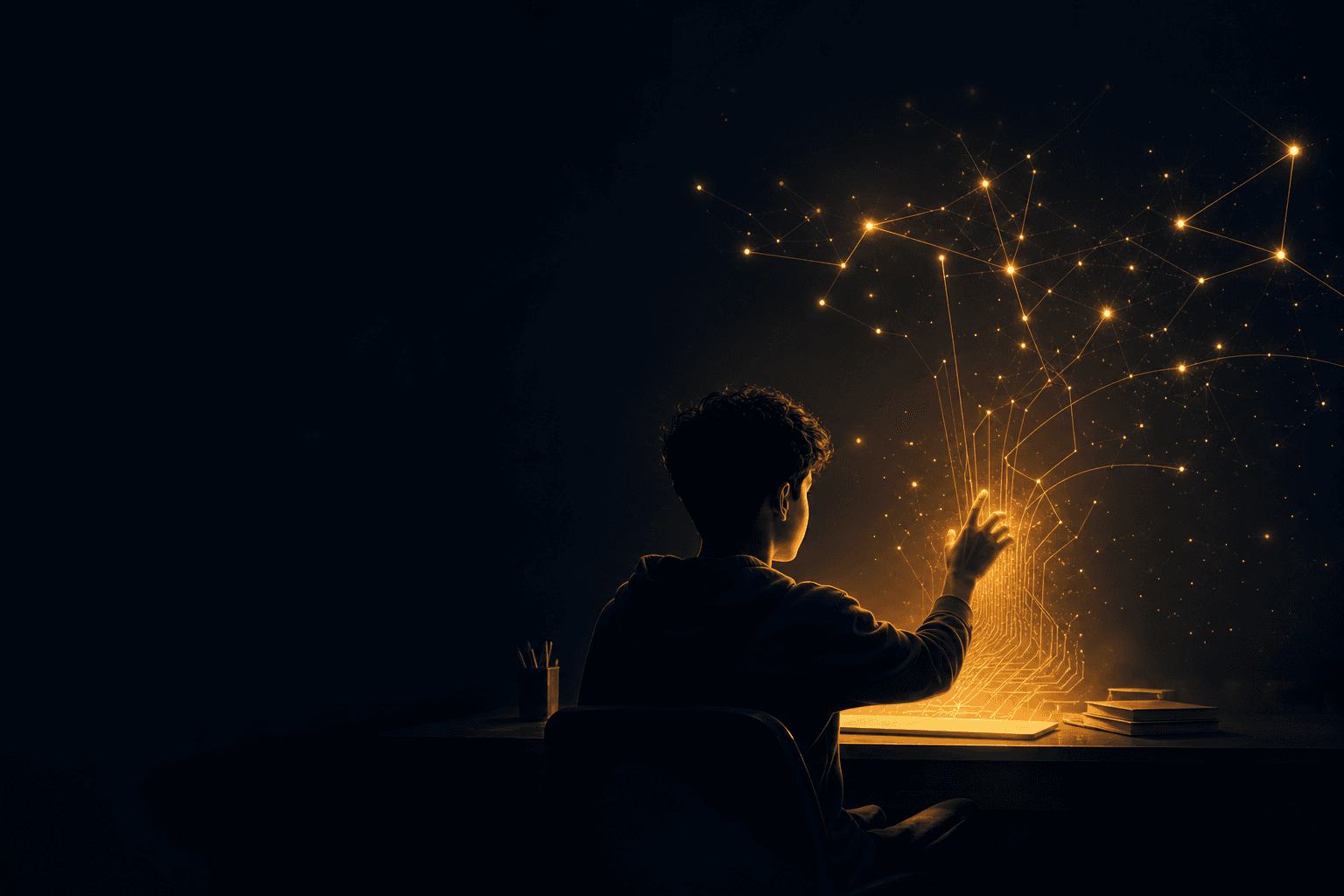 A young student directing streams of light rising from a screen